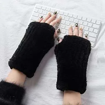 Lupidyyxun Real Rabbit Fur Gloves for Women Winter Furry Gloves Mittens Gloves Knitted Fingerless Gloves (Black)