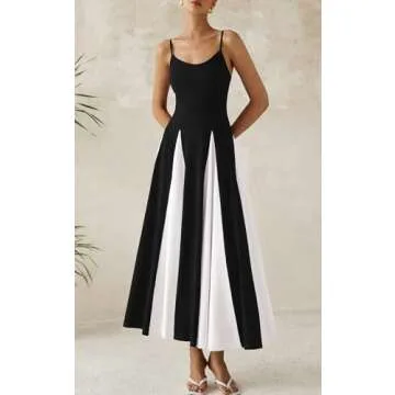 PRETTYGARDEN Sleeveless Prom Dresses 2025 Flowy Spaghetti Strap Maxi Dress Wedding Guest Dresses for Women Spring Dress (Black White, X-Large)