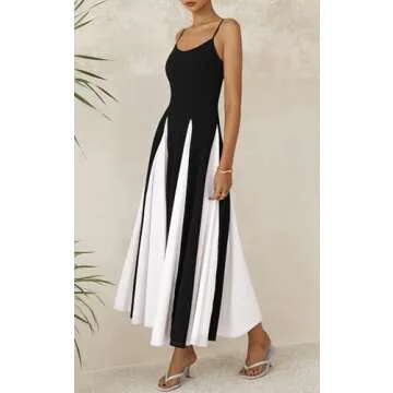 PRETTYGARDEN Sleeveless Prom Dresses 2025 Flowy Spaghetti Strap Maxi Dress Wedding Guest Dresses for Women Spring Dress (Black White, X-Large)