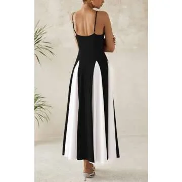 PRETTYGARDEN Sleeveless Prom Dresses 2025 Flowy Spaghetti Strap Maxi Dress Wedding Guest Dresses for Women Spring Dress (Black White, X-Large)