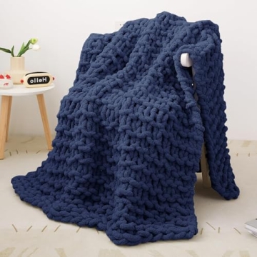 Mooreeke Chunky Knit Blanket 40"x50" Navy Blue Soft Washable Chenille Throw Blanket Cozy 100% Handma...