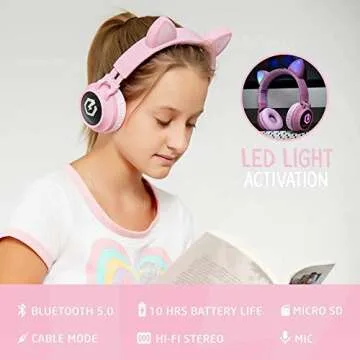 PowerLocus Kids Cat Ear Headphones, Bluetooth 5.3 Wireless, LED Lights, Safe Volume Limit, Micro SD/...