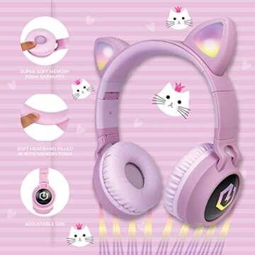 PowerLocus Kids Cat Ear Headphones with LED & Safe Volume