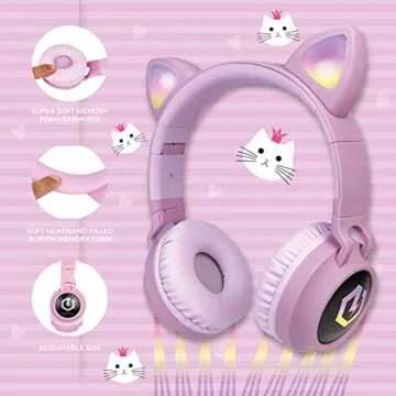 PowerLocus Kids Cat Ear Headphones with LED & Safe Volume