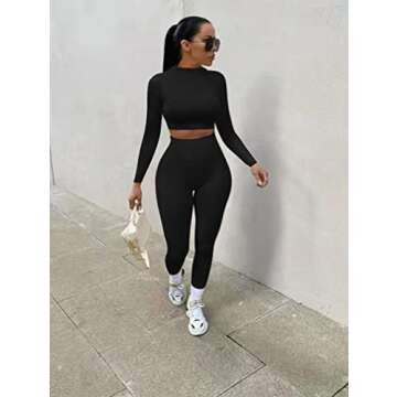 GOKATOSAU Women's Sexy 2 Piece Outfits Long Sleeve Crop Top Pants Set Club Jumpsuits Black