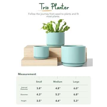 LE TAUCI Ceramic Plant Pots, 4.3+5.3+6.8 inch, Set of 3, Planters with Drainage Hole and Saucer, Indoor Flower Pot with Hole Mesh Pad, Gifts for Mom, Aqua