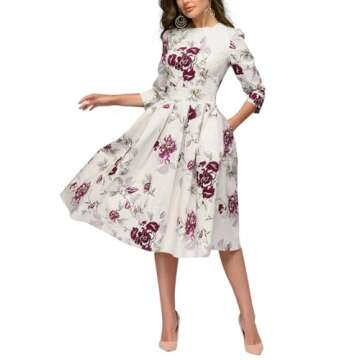 Simple Flavor Women's Floral Vintage Dress Elegant Autumn Midi Evening Dress 3/4 Sleeves (Beige, XXL...