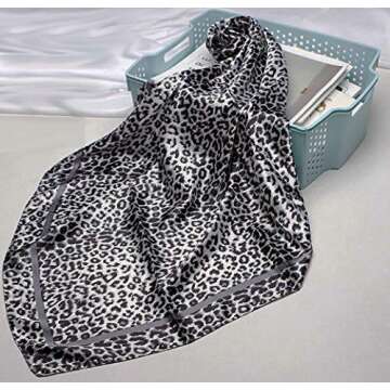 Large Square Black White Silver Grey Snow Leopard Cheetah Animal Print Polyester Silk Scarf Women's ...