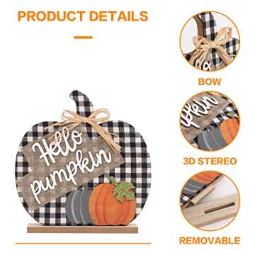Super Holiday Fall Hello Pumpkin Sign Decorations, 12"/30CM Wooden Autumn Buffalo Plaid Tabletop Dec...