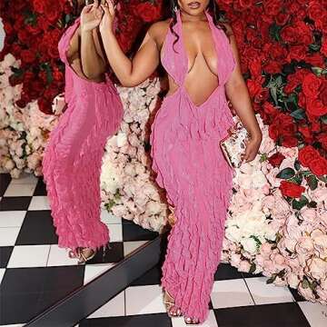 SHESEEWORLD Women's Sexy Sleeveless Halter Deep Plunge V Neck Backless Ruffled Party Cocktail Bodycon Maxi Dress Pink