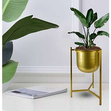 ASENVER Flower Pots with Metal Stand Planters Succulents Pot Nordic Style Room Decoration Herbs Orchid Aloe Cactus Plants (Gold Stand-Gold Pot)
