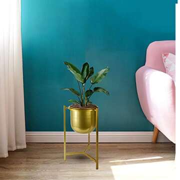 ASENVER Flower Pots with Metal Stand Planters Succulents Pot Nordic Style Room Decoration Herbs Orchid Aloe Cactus Plants (Gold Stand-Gold Pot)
