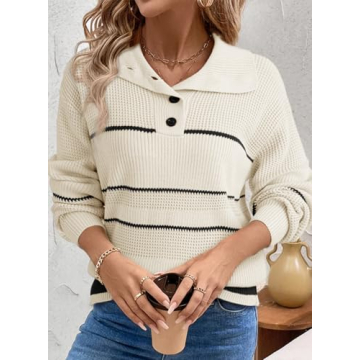 Dokotoo Womens Sweater Long Sleeve Sweaters for Women Trendy Fall Fashion 2024 1/4 Button Up Waffle Knit Casual Loose Color Block Winter Chunky Pullover Jumper Tops White X-Large