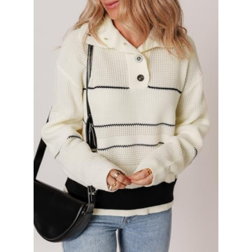 Dokotoo Womens Sweater Long Sleeve Sweaters for Women Trendy Fall Fashion 2024 1/4 Button Up Waffle Knit Casual Loose Color Block Winter Chunky Pullover Jumper Tops White X-Large