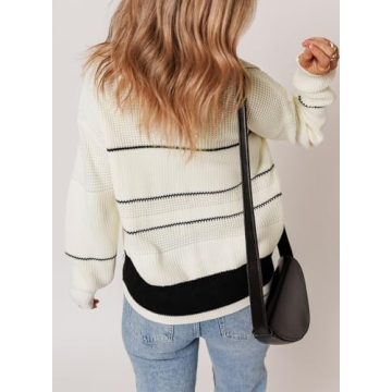 Dokotoo Womens Sweater Long Sleeve Sweaters for Women Trendy Fall Fashion 2024 1/4 Button Up Waffle Knit Casual Loose Color Block Winter Chunky Pullover Jumper Tops White X-Large