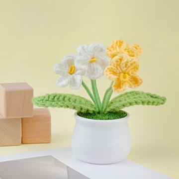 Knitting Crochet Flowers Potted Plants, Fake Forget Me Not Flowers for Friends, Family and Lover, Artificial Handmade Flowers for Birthday Wedding Teacher’Day Gift and Home Decor (Gyellow)