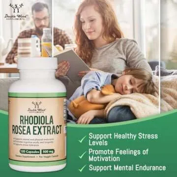 Rhodiola Rosea Supplement 500mg, 120 Vegan Capsules (Third Party Test, Gluten Free, 3% Salidrosides, 1% Rosavins Extract) for Performance, Calming, Motivation by Double Wood