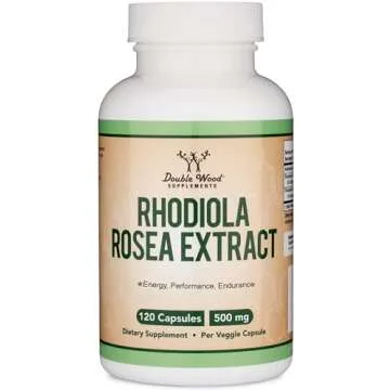 Rhodiola Rosea Supplement 500mg, 120 Vegan Capsules (Third Party Test, Gluten Free, 3% Salidrosides, 1% Rosavins Extract) for Performance, Calming, Motivation by Double Wood