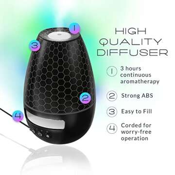 HVQ League Essential Oil Diffuser with Bluetooth Speaker, incl. 2X 5ml Bottles of Lavender & Eucalyptus Aromatherapy Oils, Quiet Diffusers for Meditation, Stress Relief & Well-Being (Black Honeycomb)