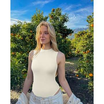 OQQ Women's Stylish Ribbed Sleeveless Bodysuit - Black & Beige