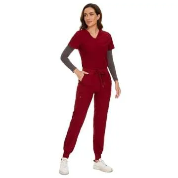 COZYFIT Scrubs for Women Set - Stretch V-Neck Scrub Top & Jogger Pant with 8 Pockets, Yoga Waistband, Anti Wrinkle, Slim Fit Women Scrubs