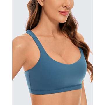 CRZ YOGA Women's Light Support Strappy Sports Bra - Low Cut Wirefree Padded Yoga Cami Criss Cross Back Petrol Blue Medium