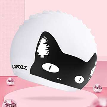 COPOZZ Swim Cap for Women, Silicone Waterproof Comfy Swimming Bathing Cap for Long Hair with Cat Pri...