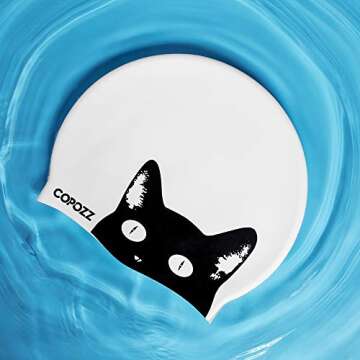 COPOZZ Swim Cap for Women, Silicone Waterproof Comfy Swimming Bathing Cap for Long Hair with Cat Printed (Black Cat-12yrs+)
