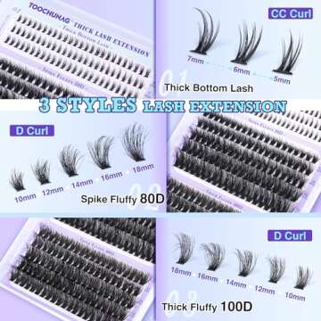 TOOCHUNAG Fluffy Lash Clusters with Bottom Lashes Thick Cluster Eyelash Extensions Wispy Individual Lashes Bottom Eyelash Clusters 10-18mm 80D+100D Clusters Lashes DIY Curly Lash Extension at Home