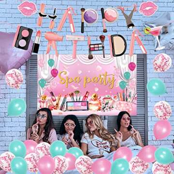 Spa Party Supplies for Girls Includes Cake Topper, 12Cupcake Toppers, 18 Latex Balloons, Spa Backdrop, 1 Table Cloth , 1 Banner for Spa Birthday Party Decoration
