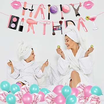 Spa Party Supplies for Girls Includes Cake Topper, 12Cupcake Toppers, 18 Latex Balloons, Spa Backdrop, 1 Table Cloth , 1 Banner for Spa Birthday Party Decoration