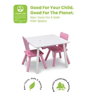 Delta Children Kids Table and Chair Set with Storage (2 Chairs Included), White/Pink