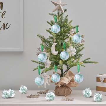 24Pcs Green and White Ball Ornaments 2.36" Green Toile Ornaments French Country Ornaments Ball Fabric Wrapped Farmhouse Valentine's Tree Hanging Ornaments for Holiday Home Decor