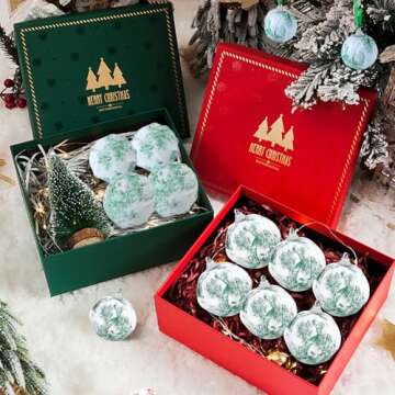 24Pcs Green and White Ball Ornaments 2.36" Green Toile Ornaments French Country Ornaments Ball Fabric Wrapped Farmhouse Valentine's Tree Hanging Ornaments for Holiday Home Decor