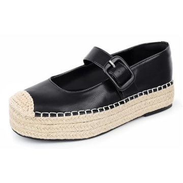 Viapipa Women's Platform Mary Janes Espadrilles for Women Leather Round-Toe Buckle Strap Alpargatas ...