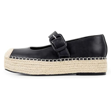 Viapipa Women's Platform Mary Janes Espadrilles for Women Leather Round-Toe Buckle Strap Alpargatas Mary Jane Shoes Women Espadrilles Flats Size8 Black