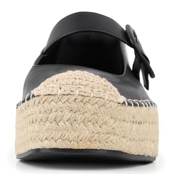 Viapipa Women's Platform Mary Janes Espadrilles for Women Leather Round-Toe Buckle Strap Alpargatas Mary Jane Shoes Women Espadrilles Flats Size8 Black