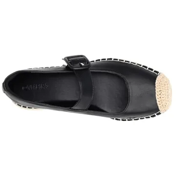 Viapipa Women's Platform Mary Janes Espadrilles for Women Leather Round-Toe Buckle Strap Alpargatas Mary Jane Shoes Women Espadrilles Flats Size8 Black