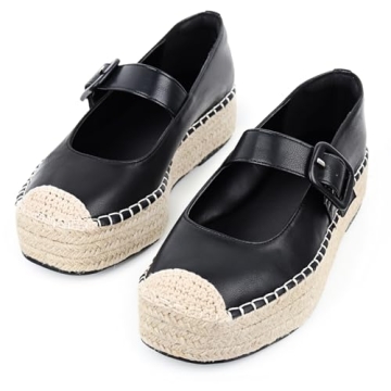 Viapipa Women's Platform Mary Janes Espadrilles for Women Leather Round-Toe Buckle Strap Alpargatas Mary Jane Shoes Women Espadrilles Flats Size8 Black