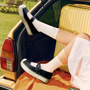 Viapipa Women's Platform Mary Janes Espadrilles for Women Leather Round-Toe Buckle Strap Alpargatas Mary Jane Shoes Women Espadrilles Flats Size8 Black