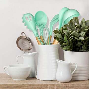 Kitchen Cooking Silicone Utensil Set with Holder, 14pcs Pioneer Wooden Spatula Measuring Spoon Set K...