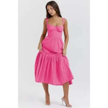 OrgeFy Women's Spring/Summer Sweet and Spicy Style Hanging Strap Solid Color A-Row Fragmented Flower Cake Dress(Color:Pink,Size:M)