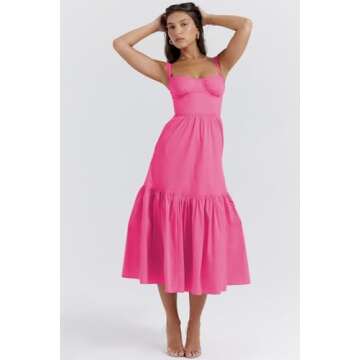 OrgeFy Women's Spring/Summer Sweet and Spicy Style Hanging Strap Solid Color A-Row Fragmented Flower Cake Dress(Color:Pink,Size:M)