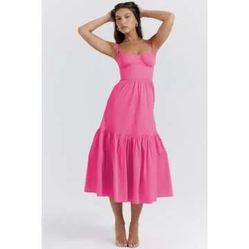 OrgeFy Women's Spring/Summer Sweet and Spicy Style Hanging Strap Solid Color A-Row Fragmented Flower Cake Dress(Color:Pink,Size:M)