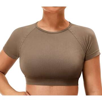YEOREO Women's Seamless Short Sleeve Crop Top Amplify Shirts Tee Workout Gym Yoga Tops Brown