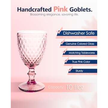 NiLor Colored Glass Goblet Vintage Set of 6 Diamond Design Pressed Pattern, Pink Wine Glasses, Party...