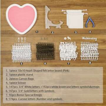 G GAMIT Heart-Shaped Felt Letter Board Message Sign,10x10 inches Message Board with 465 Changeable White&Golden Letters,Numbers,Cursive Words and Stand for Party,Pregnancy,Wall&Tabletop Decor (Pink)