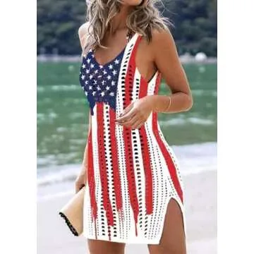 AIMITAG American Flag Dress Womens Hollow Out Slit Crochet Cover Up Sleeveless Tank Dress 4th of Jul...