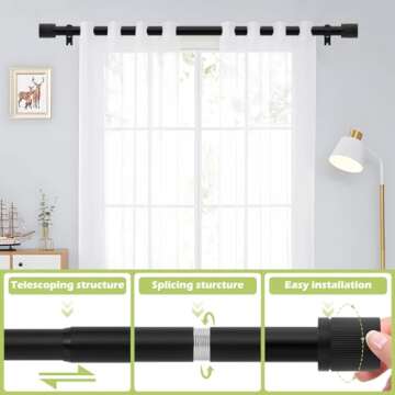 HTZON Black Curtain Rods for Windows 48 to 84 Inch:Modern Decorative Curtain Rod for Bedroom Living Room,Heavy Duty Adjustable Telescoping Single Drapery Rods Set Easy Install,Matte Black Iron 36-88"