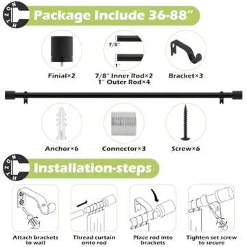 HTZON Black Curtain Rods for Windows 48 to 84 Inch:Modern Decorative Curtain Rod for Bedroom Living Room,Heavy Duty Adjustable Telescoping Single Drapery Rods Set Easy Install,Matte Black Iron 36-88"